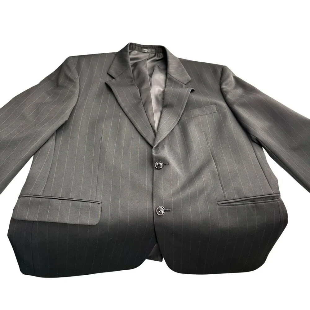 Tailors Row Mens‎ Pinstripe Black Wool Suit Jacket Blazer 46R Single Breasted